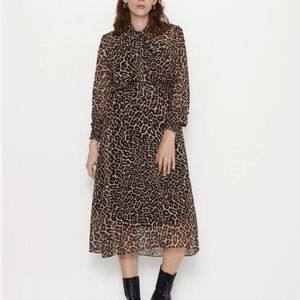 ZARA Sheer Long Sleeve Cheeta Midi Dress with Ruffle V-Neck and Layered Bottom
